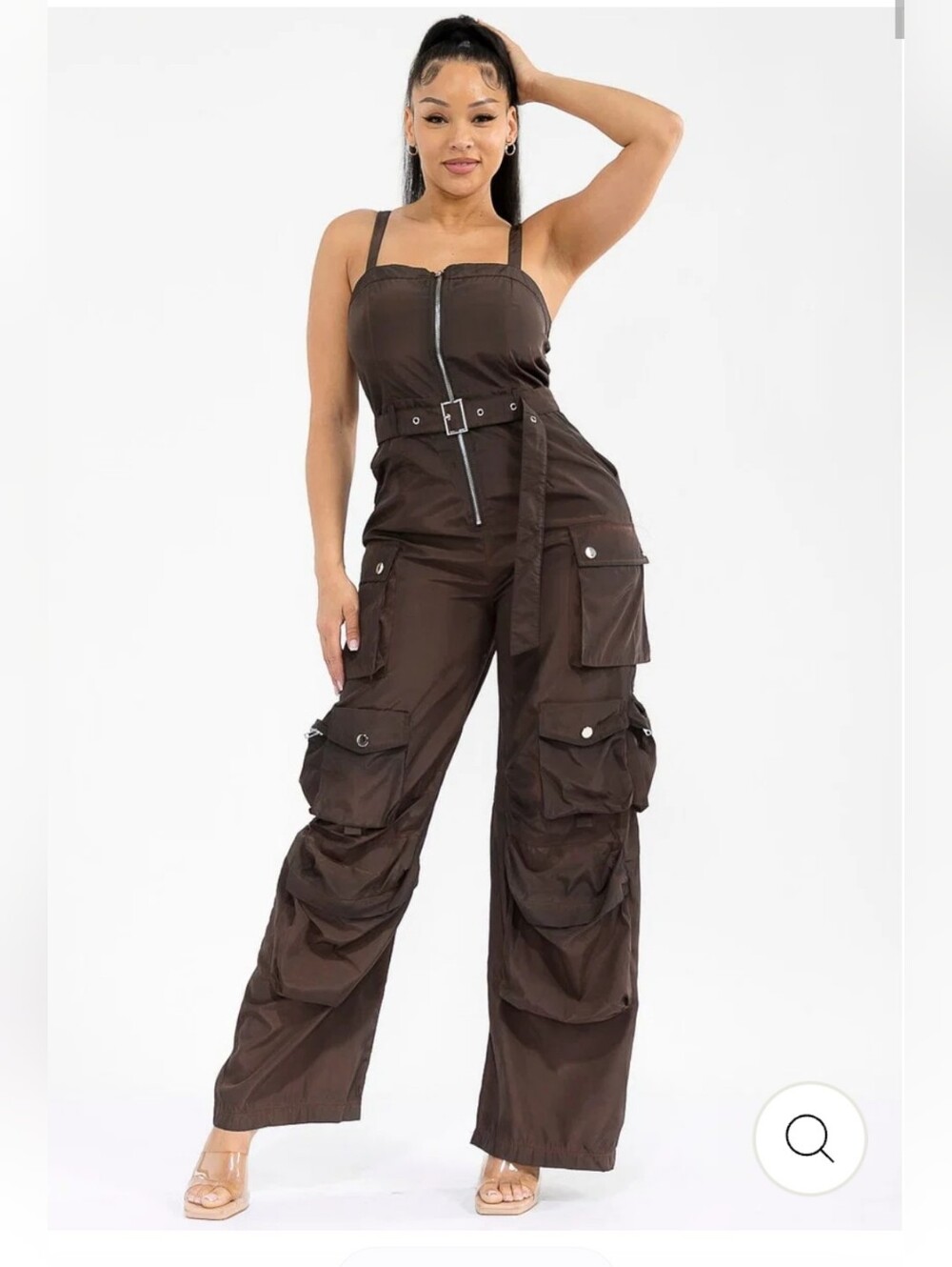 Hot & Delicious Sleeveless Zip Up Cargo Wide-Leg Jumpsuit in Dark Brown